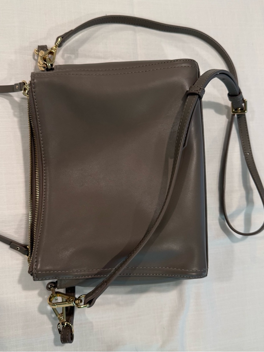 Quince Triple Compartment Taupe Leather Crossbody with Gold Hardware - Picture 3 of 8